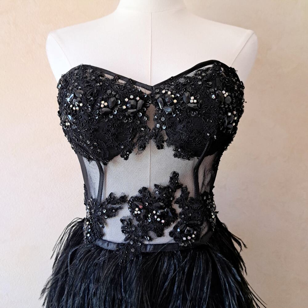 Cinderella Black Feather Corset Mini Dress Strapless Beaded Prom Size 4 Cocktail - Picture 8 of 16